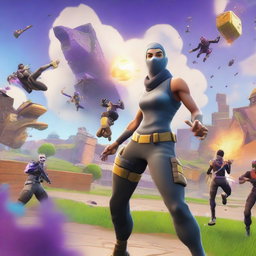 A dynamic scene featuring a Fortnite character in mid-action, eliminating another Fortnite character