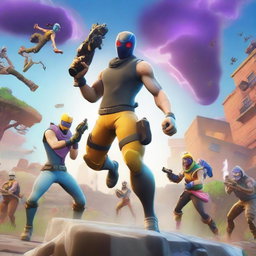 A dynamic scene featuring a Fortnite character in mid-action, eliminating another Fortnite character