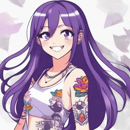 A waifu anime character with long straight purple hair, wearing a tank top and displaying intricate tattoos on their arms