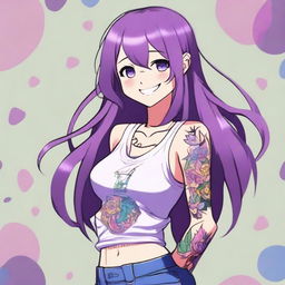 A waifu anime character with long straight purple hair, wearing a tank top and displaying intricate tattoos on their arms