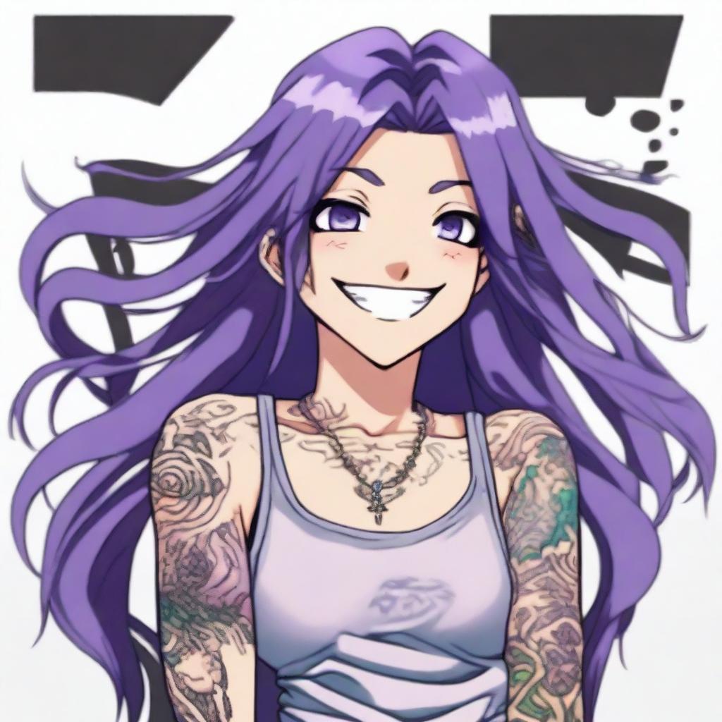 A detailed anime character with long straight purple hair, wearing a tank top and displaying intricate tattoos on their arms