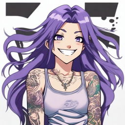 A detailed anime character with long straight purple hair, wearing a tank top and displaying intricate tattoos on their arms