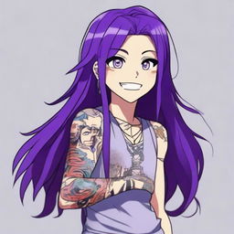 A detailed anime character with long straight purple hair, wearing a tank top and displaying intricate tattoos on their arms