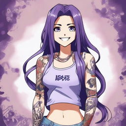 A detailed anime character with long straight purple hair, wearing a tank top and displaying intricate tattoos on their arms