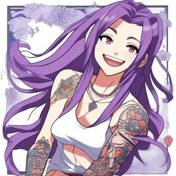 A detailed anime character with long straight purple hair, wearing a tank top and displaying intricate tattoos on their arms