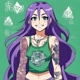 A detailed anime character with long straight purple hair, green eyes, wearing a tank top and displaying intricate tattoos on their arms