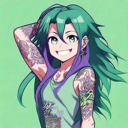 A detailed anime character with long straight purple hair, green eyes, wearing a tank top and displaying intricate tattoos on their arms