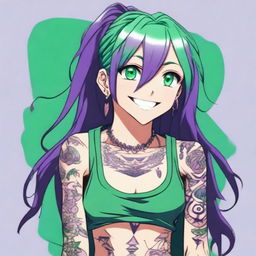 A detailed anime character with long straight purple hair, green eyes, wearing a tank top and displaying intricate tattoos on their arms
