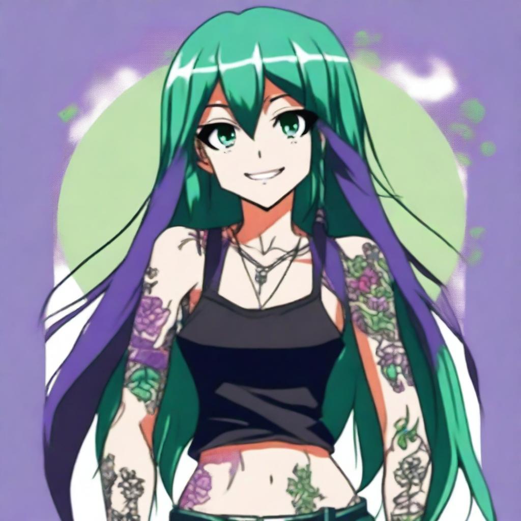 An anime character with long straight purple hair, green eyes, and a black tank top