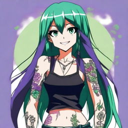An anime character with long straight purple hair, green eyes, and a black tank top
