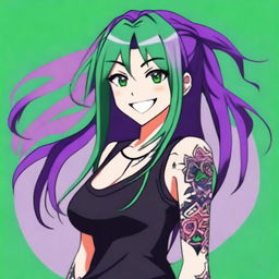 An anime character with long straight purple hair, green eyes, and a black tank top
