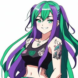An anime character with long straight purple hair, green eyes, and a black tank top
