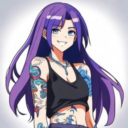 An anime character with long straight purple hair, blue eyes, and a black tank top