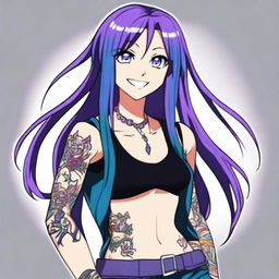An anime character with long straight purple hair, blue eyes, and a black tank top