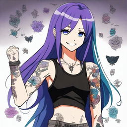 An anime character with long straight purple hair, blue eyes, and a black tank top