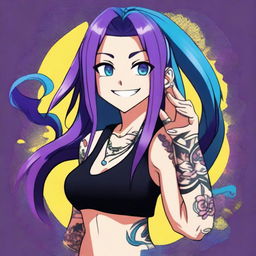 An anime character with long straight purple hair, blue eyes, and a black tank top