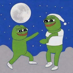 Create an image of Wojak dancing with Pepe on the moon