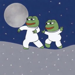 Create an image of Wojak dancing with Pepe on the moon