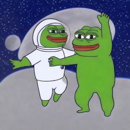 Create an image of Wojak dancing with Pepe on the moon