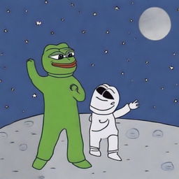 Create an image of Wojak dancing with Pepe on the moon