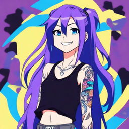 An anime character with long straight purple hair, wearing a black tank top and displaying tattoos on their arms