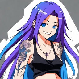 An anime character with long straight purple hair, wearing a black tank top and displaying tattoos on their arms