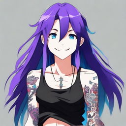 An anime character with long straight purple hair, wearing a black tank top and displaying tattoos on their arms