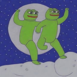 Create an image of Wojak, the Feels Guy, dancing on the moon with Pepe