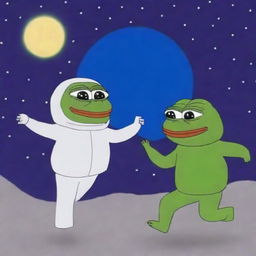 Create an image of Wojak, the Feels Guy, dancing on the moon with Pepe