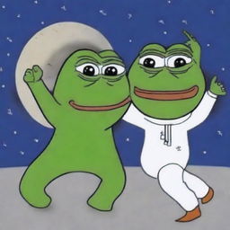 Create an image of Wojak, the Feels Guy, dancing on the moon with Pepe