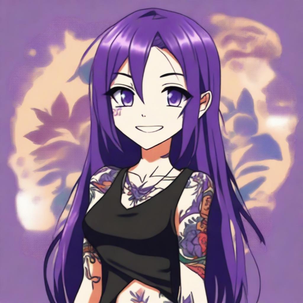 An anime character with long straight purple hair, wearing a black tank top and displaying intricate tattoos on their arms