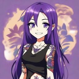 An anime character with long straight purple hair, wearing a black tank top and displaying intricate tattoos on their arms