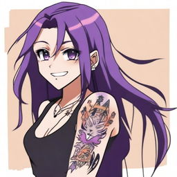 An anime character with long straight purple hair, wearing a black tank top and displaying intricate tattoos on their arms