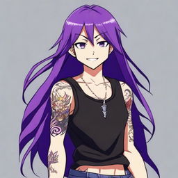 An anime character with long straight purple hair, wearing a black tank top and displaying intricate tattoos on their arms