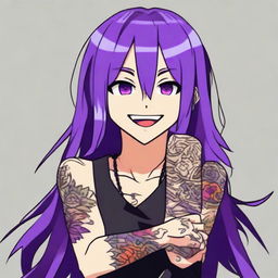 An anime character with long straight purple hair, wearing a black tank top and displaying intricate tattoos on their arms