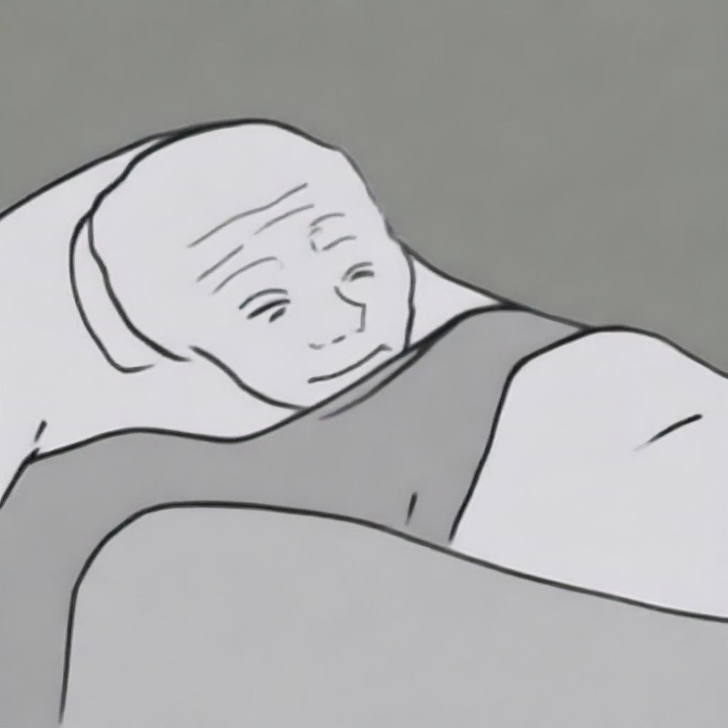 Create an image of Wojak, also known as the Feels Guy, sleeping in bed