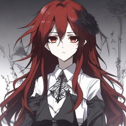 A gothic-themed anime character with long dark red hair and striking red eyes