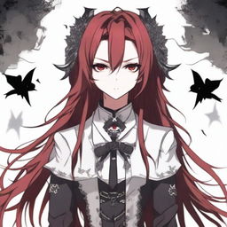 A gothic-themed anime character with long dark red hair and striking red eyes