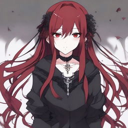 A gothic-themed anime character with long dark red hair and striking red eyes