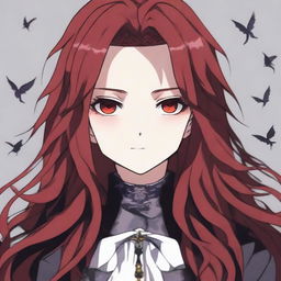 A gothic-themed anime character with long dark red hair and striking red eyes