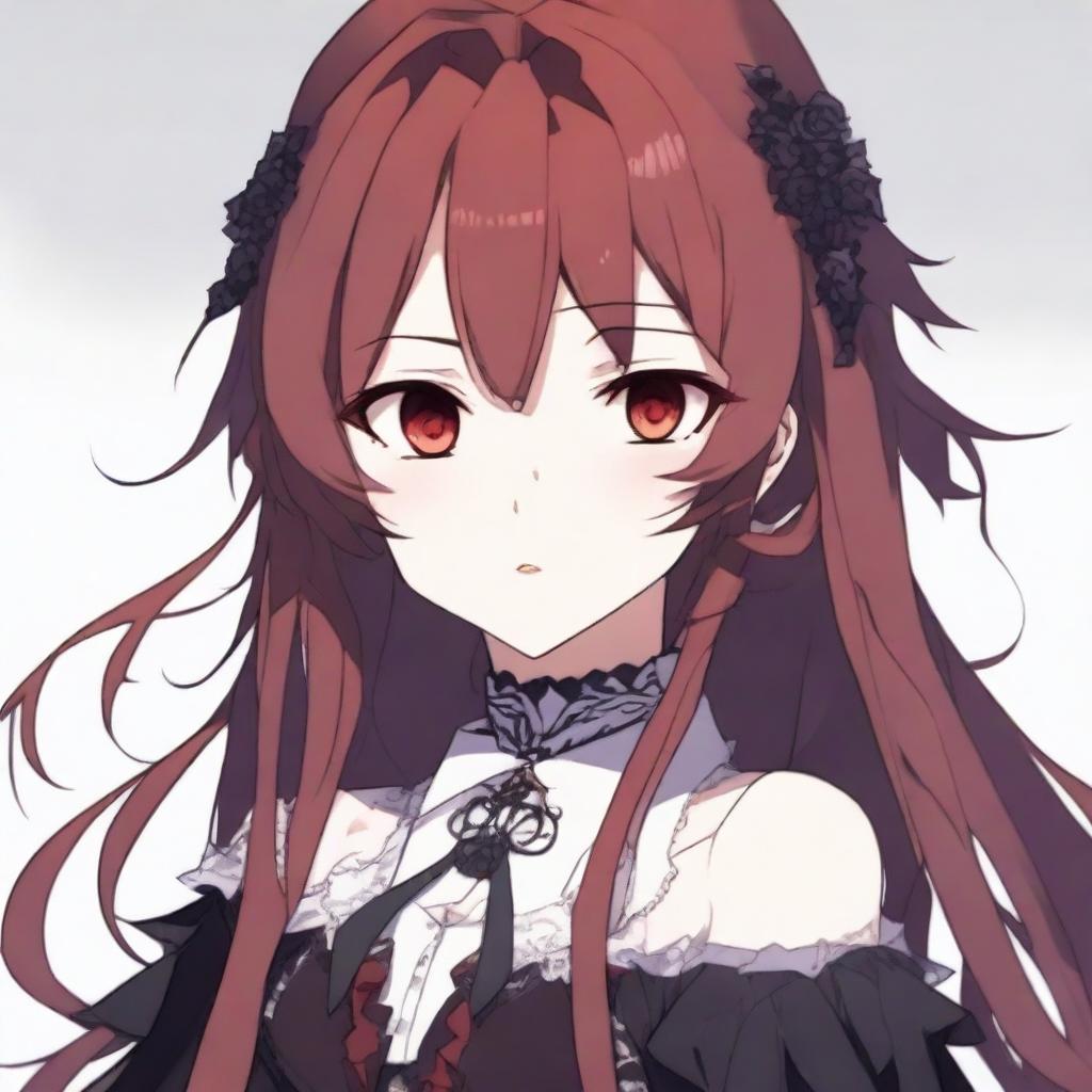 An anime character with long dark red hair and striking red eyes, wearing a gothic dress
