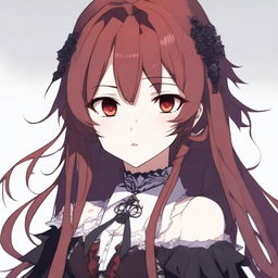 An anime character with long dark red hair and striking red eyes, wearing a gothic dress