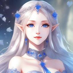 An elegant anime elf waifu with long silver hair and captivating blue eyes