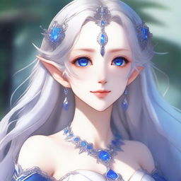 An elegant anime elf waifu with long silver hair and captivating blue eyes