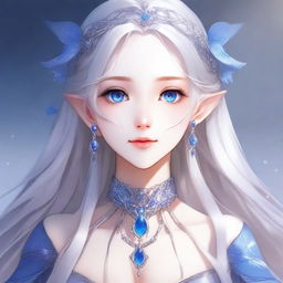 An elegant anime elf waifu with long silver hair and captivating blue eyes