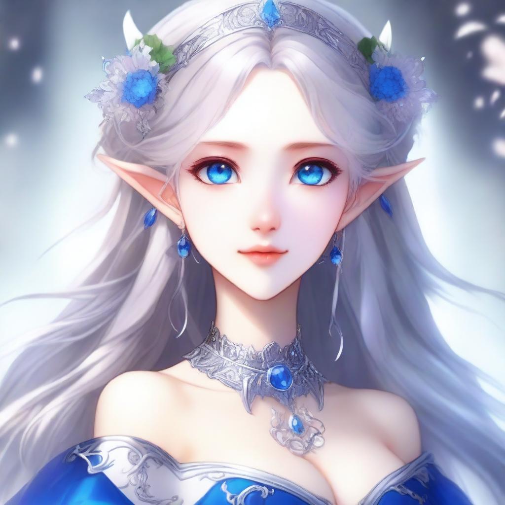 An elegant anime elf waifu with long silver hair and captivating blue eyes
