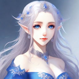 An elegant anime elf waifu with long silver hair and captivating blue eyes