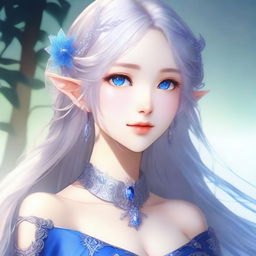 An elegant anime elf waifu with long silver hair and captivating blue eyes