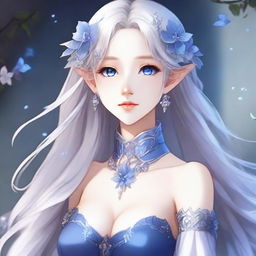 An elegant anime elf waifu with long silver hair and captivating blue eyes