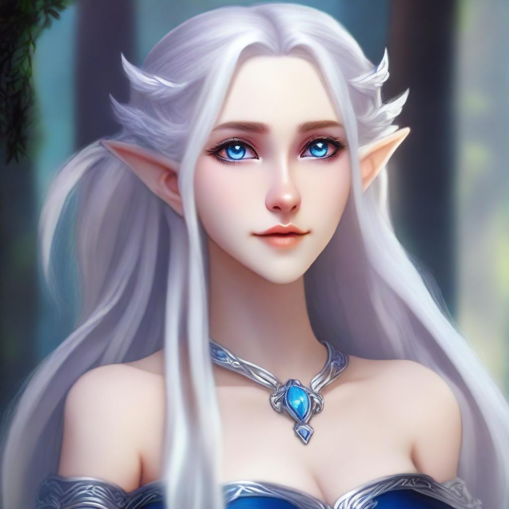 An elegant waifu elf character with long silver hair and striking blue eyes